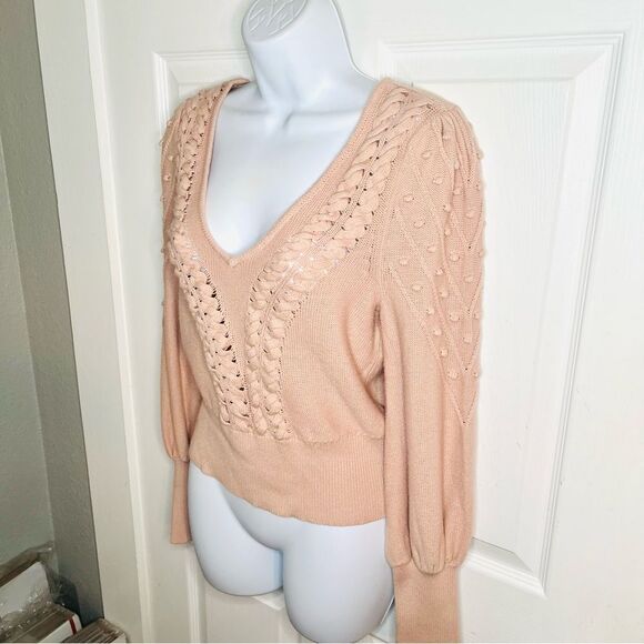 BCBGMaxAzria Bishop Sleeve Cable Knit Textured V-Neck Sweater Open Knit M Blush - Picture 7 of 11